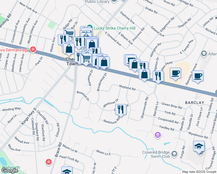 map of restaurants, bars, coffee shops, grocery stores, and more near 305 Midway Drive in Cherry Hill