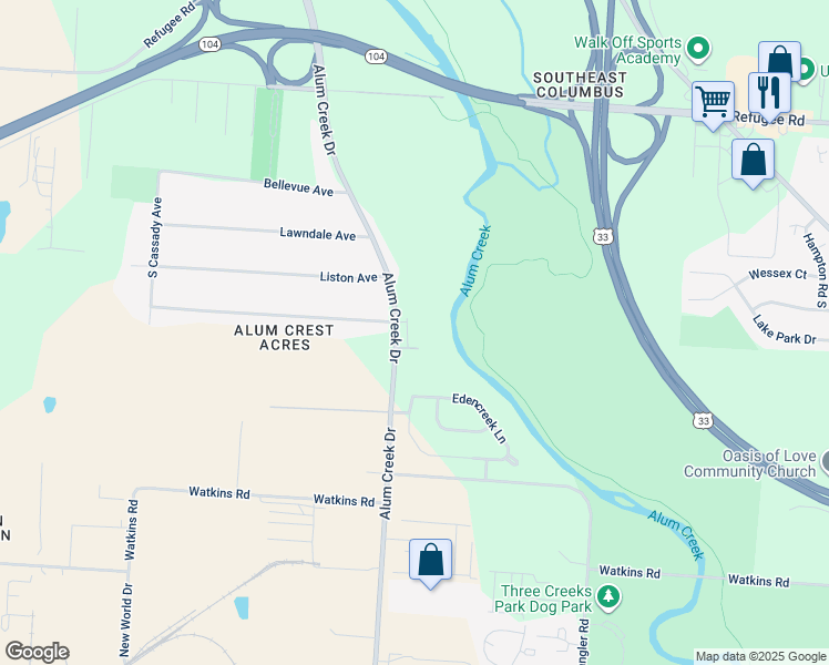 map of restaurants, bars, coffee shops, grocery stores, and more near 2850 Alum Creek Drive in Columbus