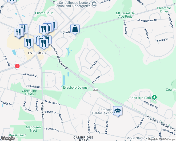 map of restaurants, bars, coffee shops, grocery stores, and more near 8 Lakefield Drive in Evesham