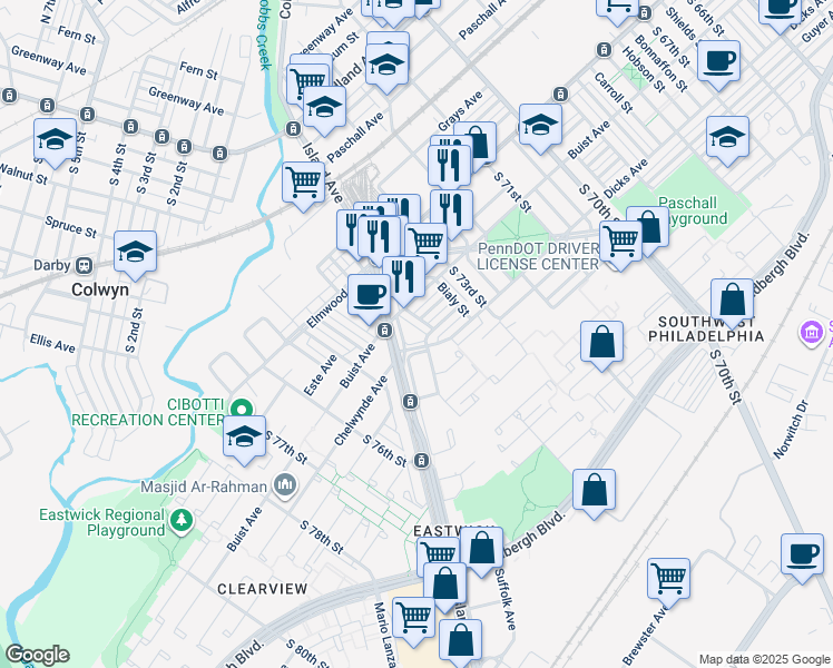map of restaurants, bars, coffee shops, grocery stores, and more near 7417 Dicks Avenue in Philadelphia