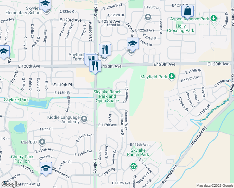 map of restaurants, bars, coffee shops, grocery stores, and more near 5801 East 118th Place in Thornton