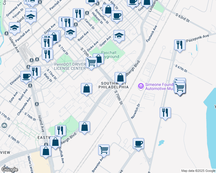 map of restaurants, bars, coffee shops, grocery stores, and more near 7015 Lindbergh Boulevard in Philadelphia