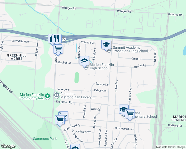 map of restaurants, bars, coffee shops, grocery stores, and more near 2645 Diane Place in Columbus