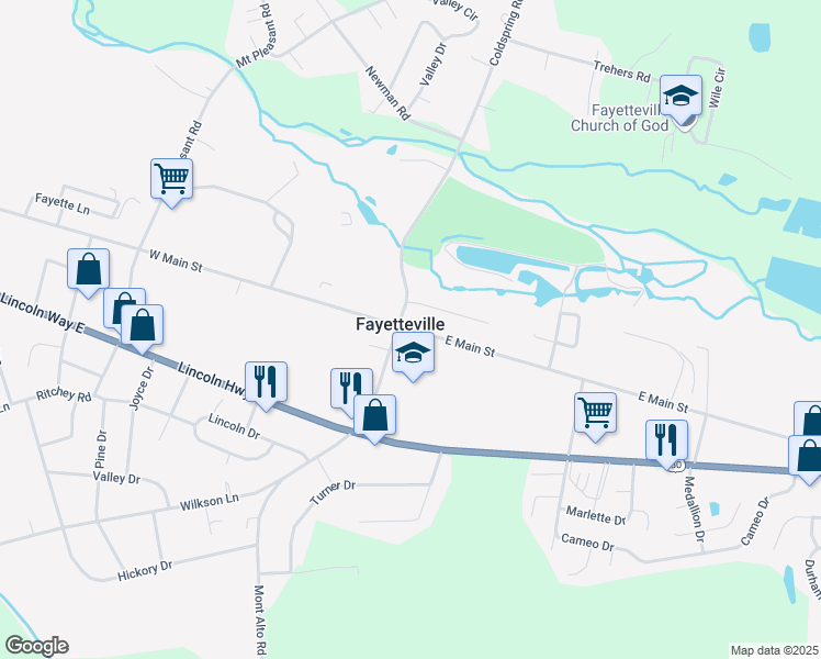 map of restaurants, bars, coffee shops, grocery stores, and more near 8 East Main Street in Fayetteville