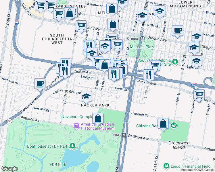 map of restaurants, bars, coffee shops, grocery stores, and more near 3146 South Smedley Street in Philadelphia