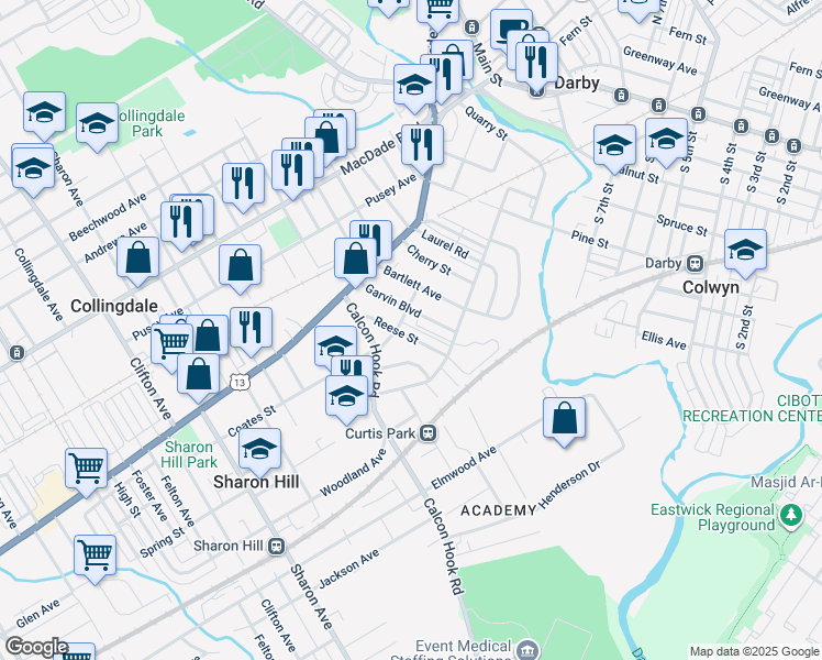 map of restaurants, bars, coffee shops, grocery stores, and more near 209 Reese Street in Sharon Hill