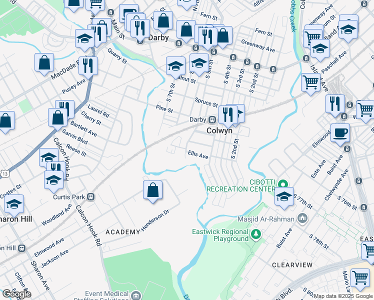 map of restaurants, bars, coffee shops, grocery stores, and more near 447 Ellis Avenue in Darby
