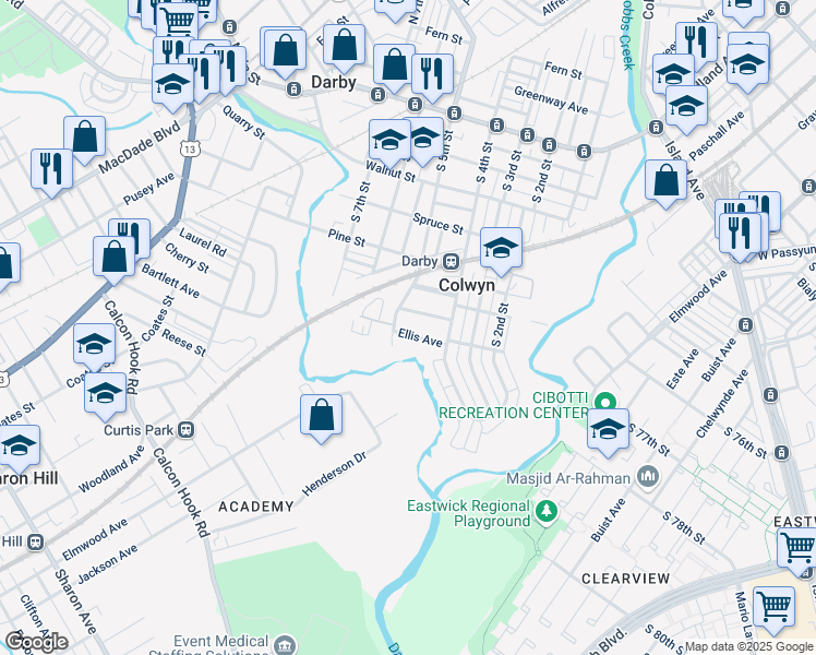 map of restaurants, bars, coffee shops, grocery stores, and more near 433 Ellis Avenue in Darby