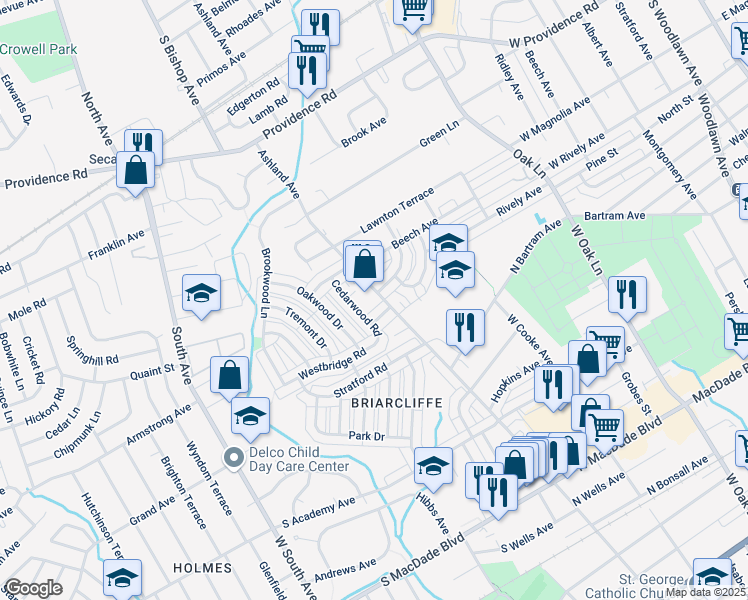 map of restaurants, bars, coffee shops, grocery stores, and more near 1042 West Ashland Avenue in Glenolden