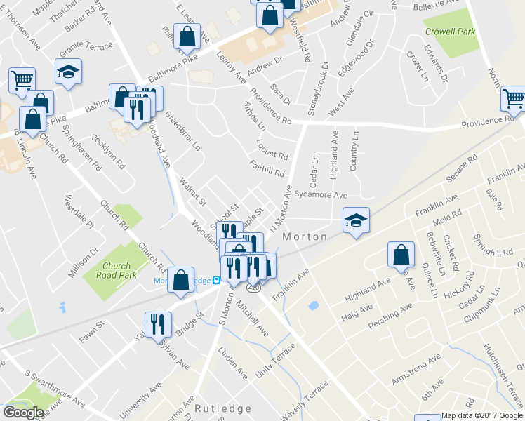 map of restaurants, bars, coffee shops, grocery stores, and more near 30 Baker Street in Morton
