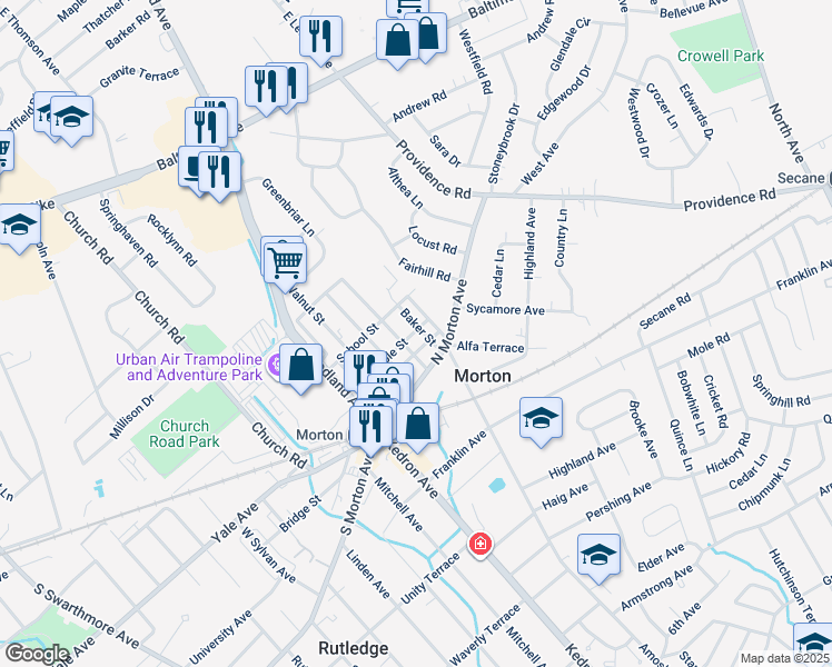 map of restaurants, bars, coffee shops, grocery stores, and more near 30 Baker Street in Morton
