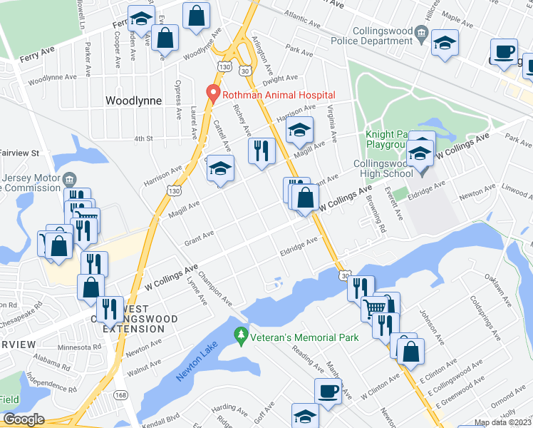map of restaurants, bars, coffee shops, grocery stores, and more near 803 West Collings Avenue in Oaklyn
