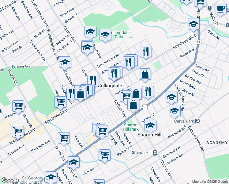 map of restaurants, bars, coffee shops, grocery stores, and more near 713 Pusey Avenue in Collingdale