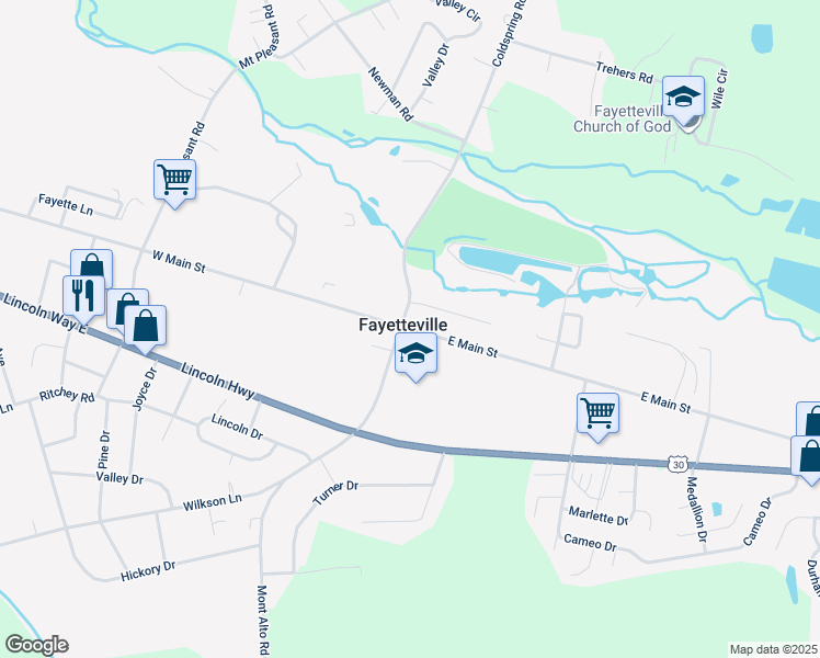 map of restaurants, bars, coffee shops, grocery stores, and more near 8 East Main Street in Fayetteville