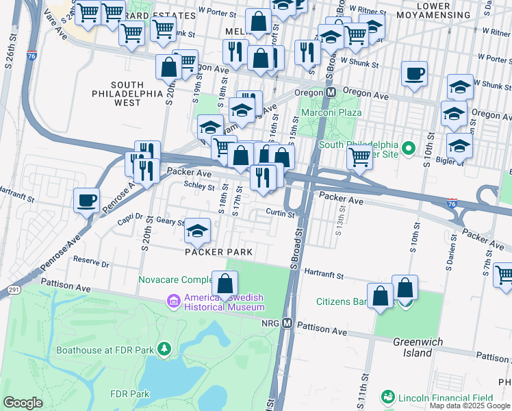 map of restaurants, bars, coffee shops, grocery stores, and more near 1551 Curtin Street in Philadelphia