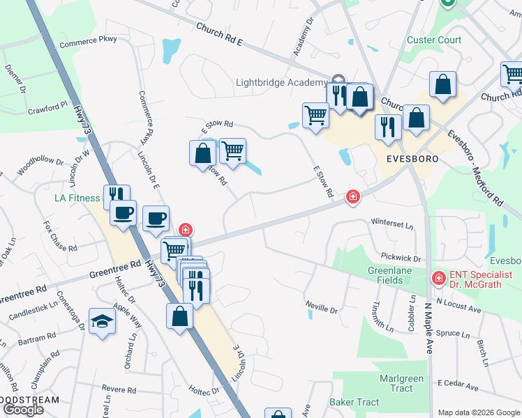map of restaurants, bars, coffee shops, grocery stores, and more near 5 Eves Drive in Evesham Township
