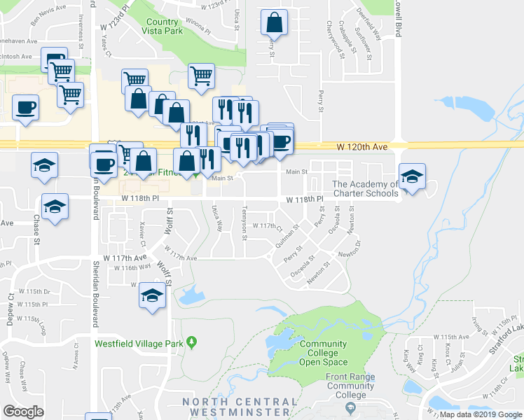 map of restaurants, bars, coffee shops, grocery stores, and more near 11780 Raleigh Place in Westminster