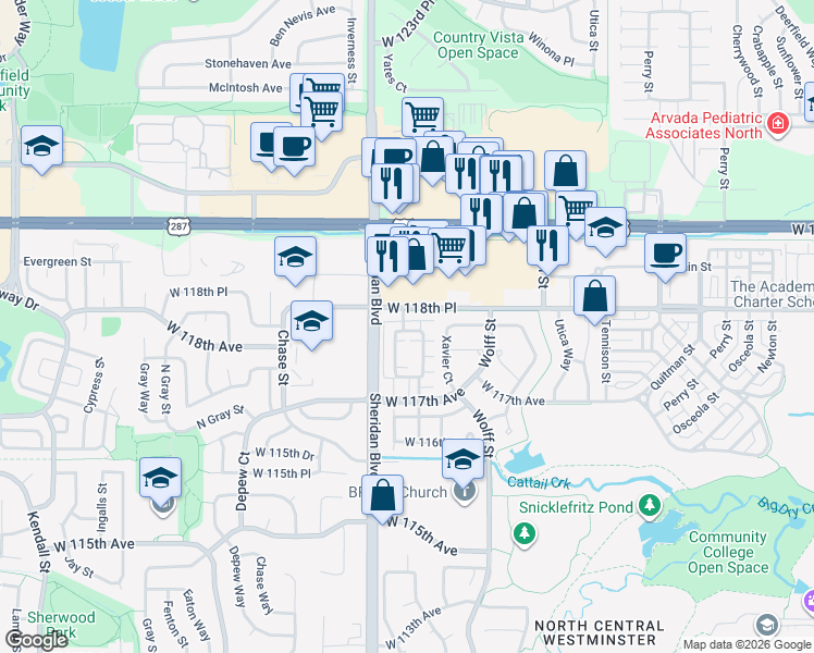 map of restaurants, bars, coffee shops, grocery stores, and more near 11775 Zenobia Loop in Westminster
