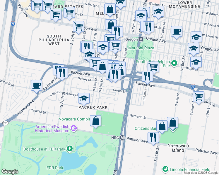 map of restaurants, bars, coffee shops, grocery stores, and more near 1527 Forrestal Street in Philadelphia