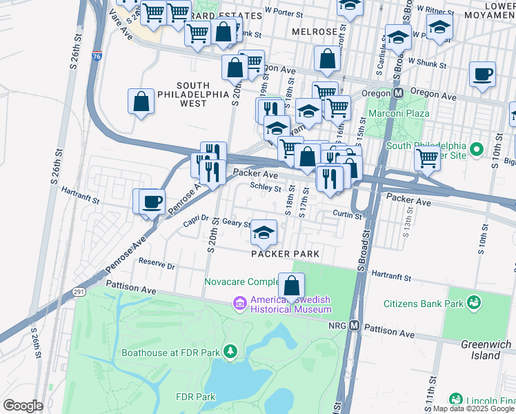 map of restaurants, bars, coffee shops, grocery stores, and more near 3167 Halsey Place in Philadelphia