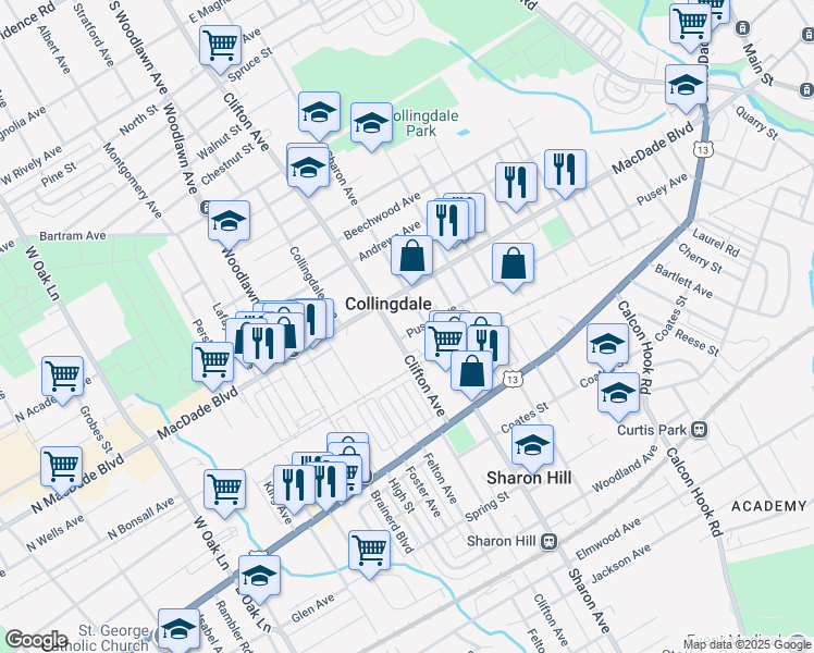 map of restaurants, bars, coffee shops, grocery stores, and more near 99 Clifton Avenue in Collingdale