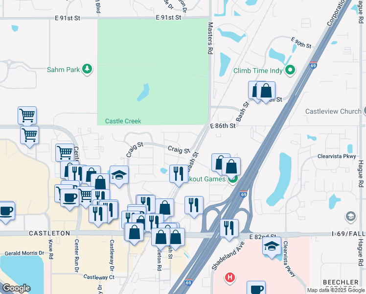 map of restaurants, bars, coffee shops, grocery stores, and more near 6850 Reunion Lane in Indianapolis
