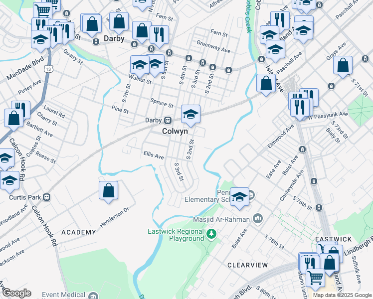 map of restaurants, bars, coffee shops, grocery stores, and more near 434 South 2nd Street in Darby