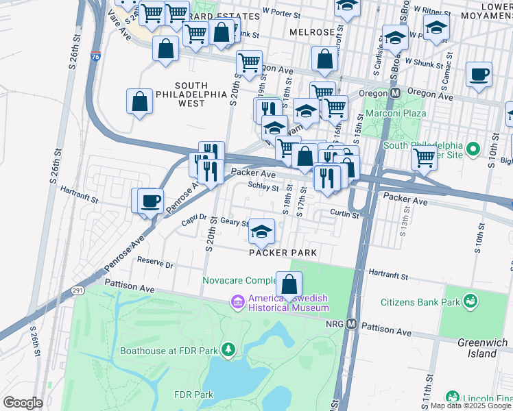 map of restaurants, bars, coffee shops, grocery stores, and more near 1903 Forrestal Street in Philadelphia