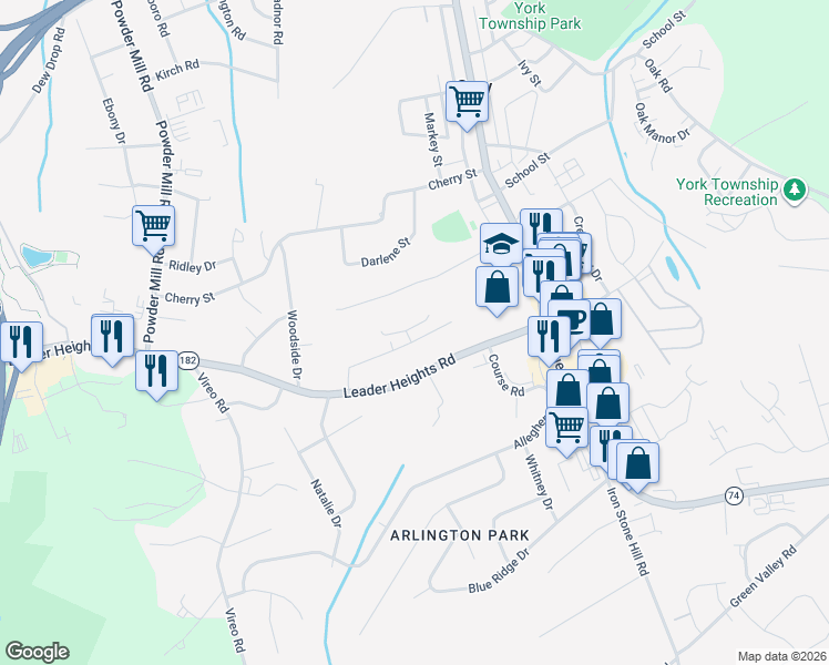 map of restaurants, bars, coffee shops, grocery stores, and more near 28 Merrin Road in York
