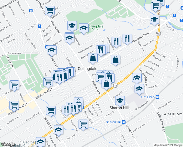 map of restaurants, bars, coffee shops, grocery stores, and more near 713 Pusey Avenue in Darby