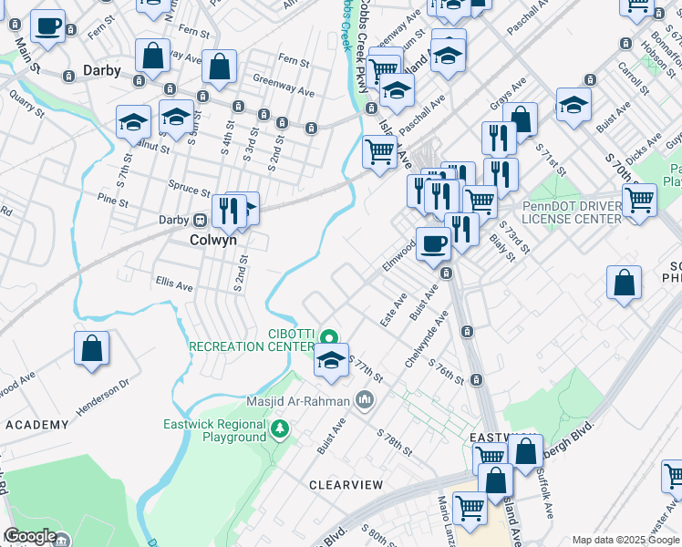 map of restaurants, bars, coffee shops, grocery stores, and more near 7530 Wheeler Street in Philadelphia
