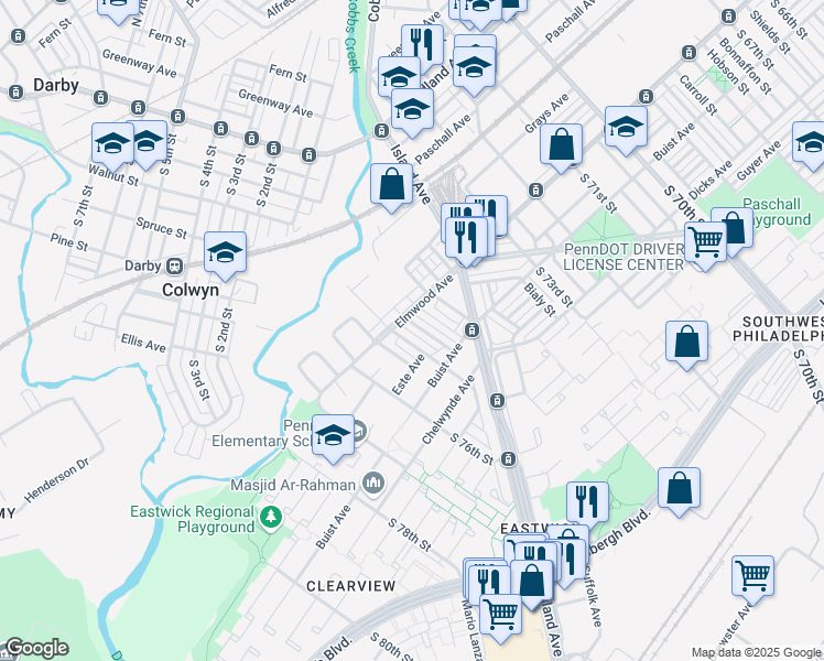 map of restaurants, bars, coffee shops, grocery stores, and more near 2526 South Bellford Street in Philadelphia