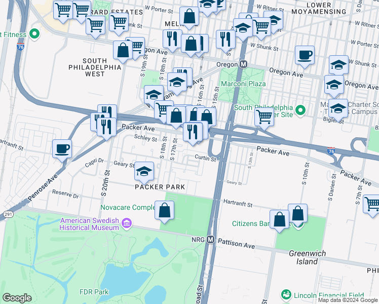 map of restaurants, bars, coffee shops, grocery stores, and more near 1547 Curtin Street in Philadelphia