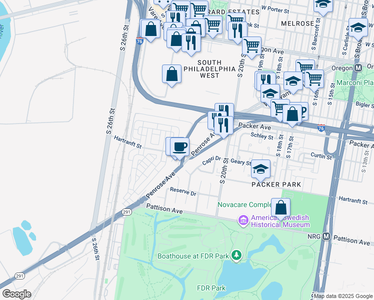 map of restaurants, bars, coffee shops, grocery stores, and more near 3229 South 22nd Street in Philadelphia