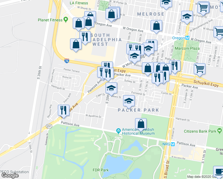 map of restaurants, bars, coffee shops, grocery stores, and more near 3171 South 20th Street in Philadelphia