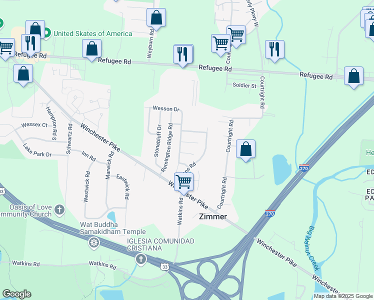 map of restaurants, bars, coffee shops, grocery stores, and more near 3666 Halloran Court in Columbus