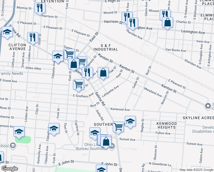 map of restaurants, bars, coffee shops, grocery stores, and more near 1018 Pine Street in Springfield