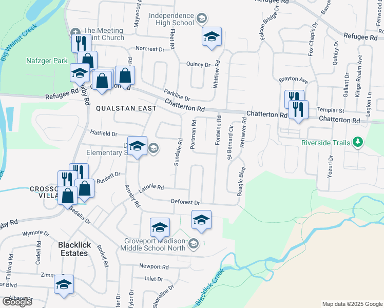 map of restaurants, bars, coffee shops, grocery stores, and more near 5444 Everson Road West in Columbus
