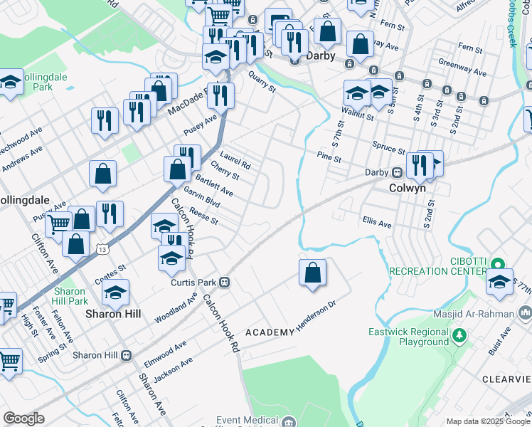 map of restaurants, bars, coffee shops, grocery stores, and more near 601 Poplar Street in Sharon Hill