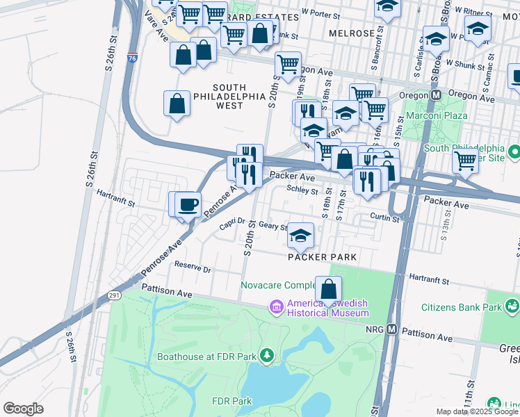 map of restaurants, bars, coffee shops, grocery stores, and more near 3171 South 20th Street in Philadelphia