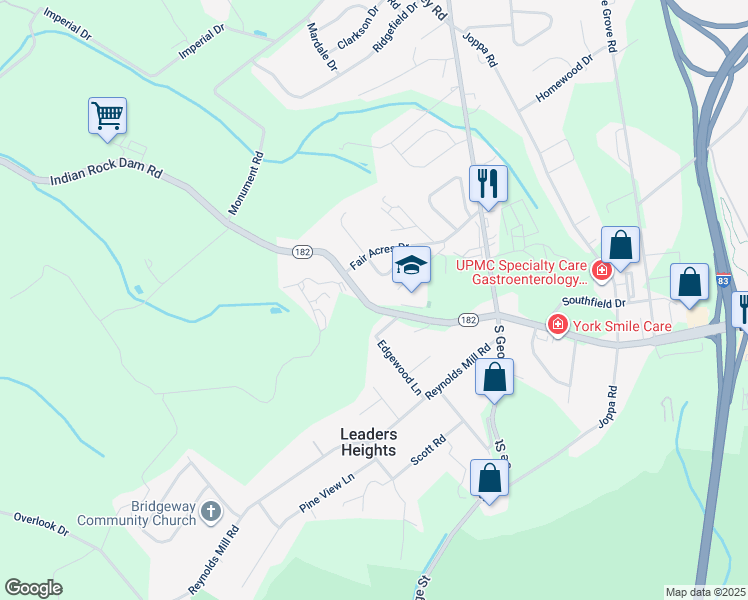 map of restaurants, bars, coffee shops, grocery stores, and more near 79 Indian Rock Dam Road in York