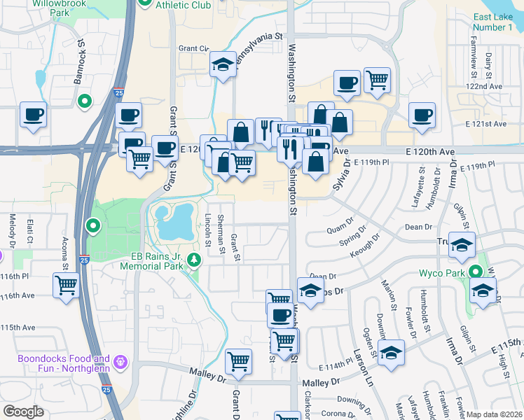 map of restaurants, bars, coffee shops, grocery stores, and more near 11701 Pennsylvania Street in Northglenn