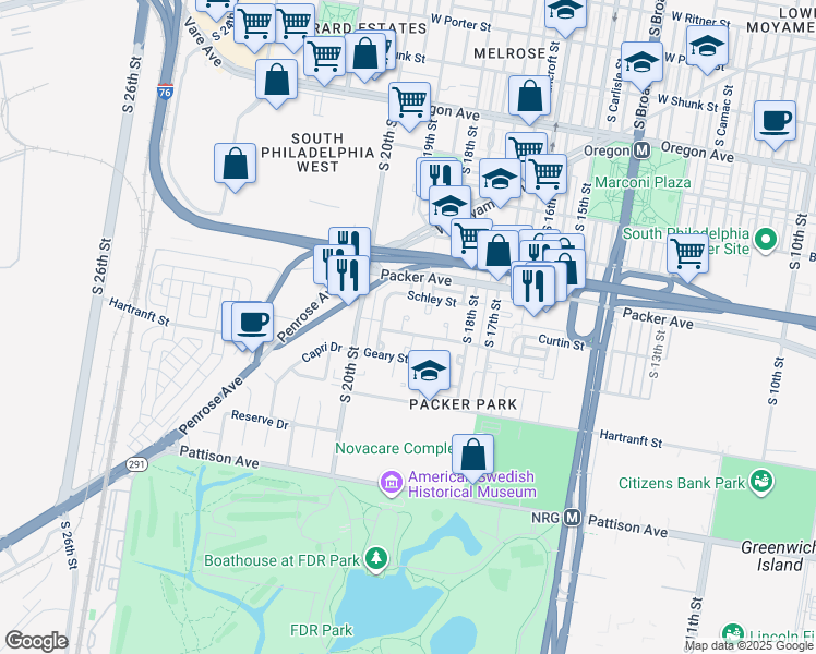 map of restaurants, bars, coffee shops, grocery stores, and more near 1921 Forrestal Street in Philadelphia
