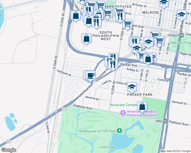 map of restaurants, bars, coffee shops, grocery stores, and more near 3229 South 22nd Street in Philadelphia