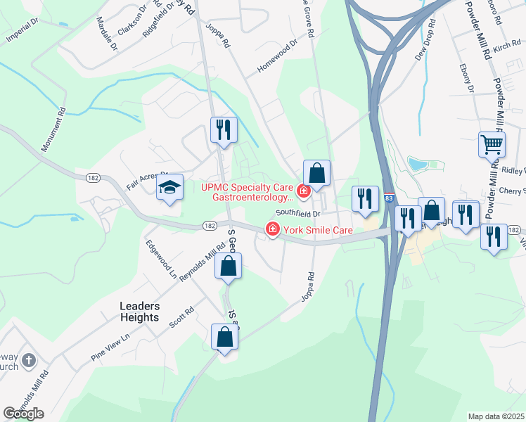 map of restaurants, bars, coffee shops, grocery stores, and more near 33 Leader Heights Road in York