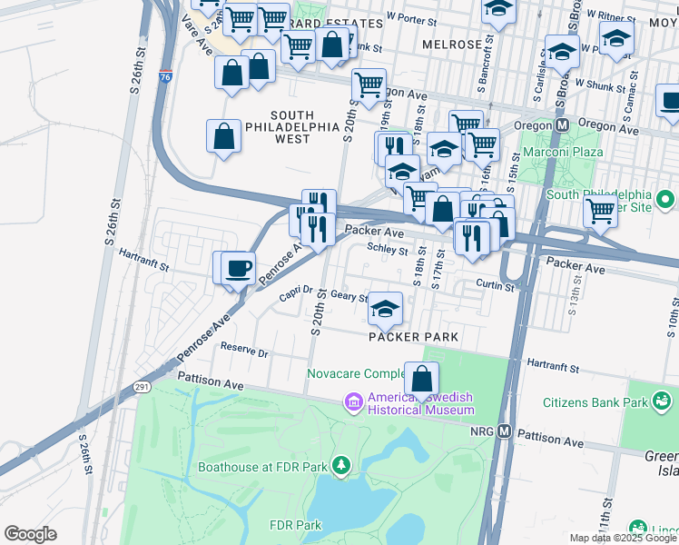 map of restaurants, bars, coffee shops, grocery stores, and more near 3168 South Uber Street in Philadelphia