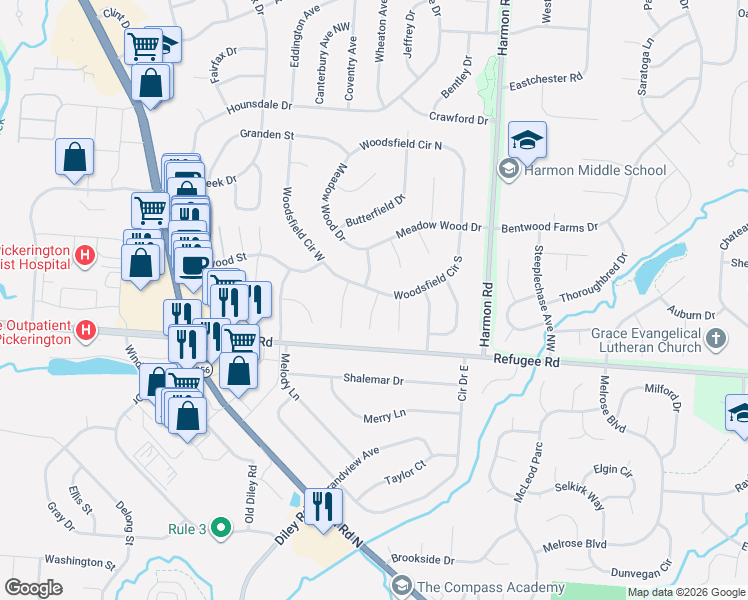map of restaurants, bars, coffee shops, grocery stores, and more near 12061 Rocky Springs Lane in Pickerington