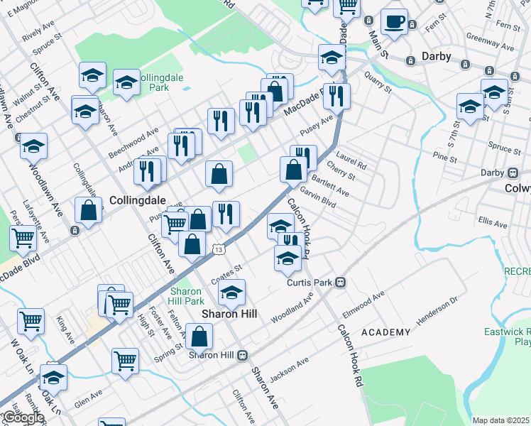 map of restaurants, bars, coffee shops, grocery stores, and more near 837 Chester Pike in Sharon Hill