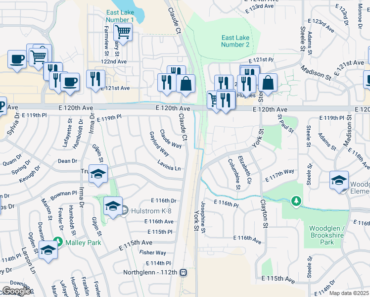 map of restaurants, bars, coffee shops, grocery stores, and more near 11824 Claude Court in Northglenn