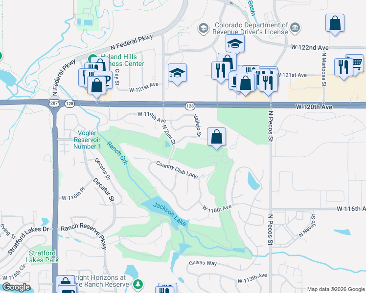 map of restaurants, bars, coffee shops, grocery stores, and more near 2363 West 118th Avenue in Westminster
